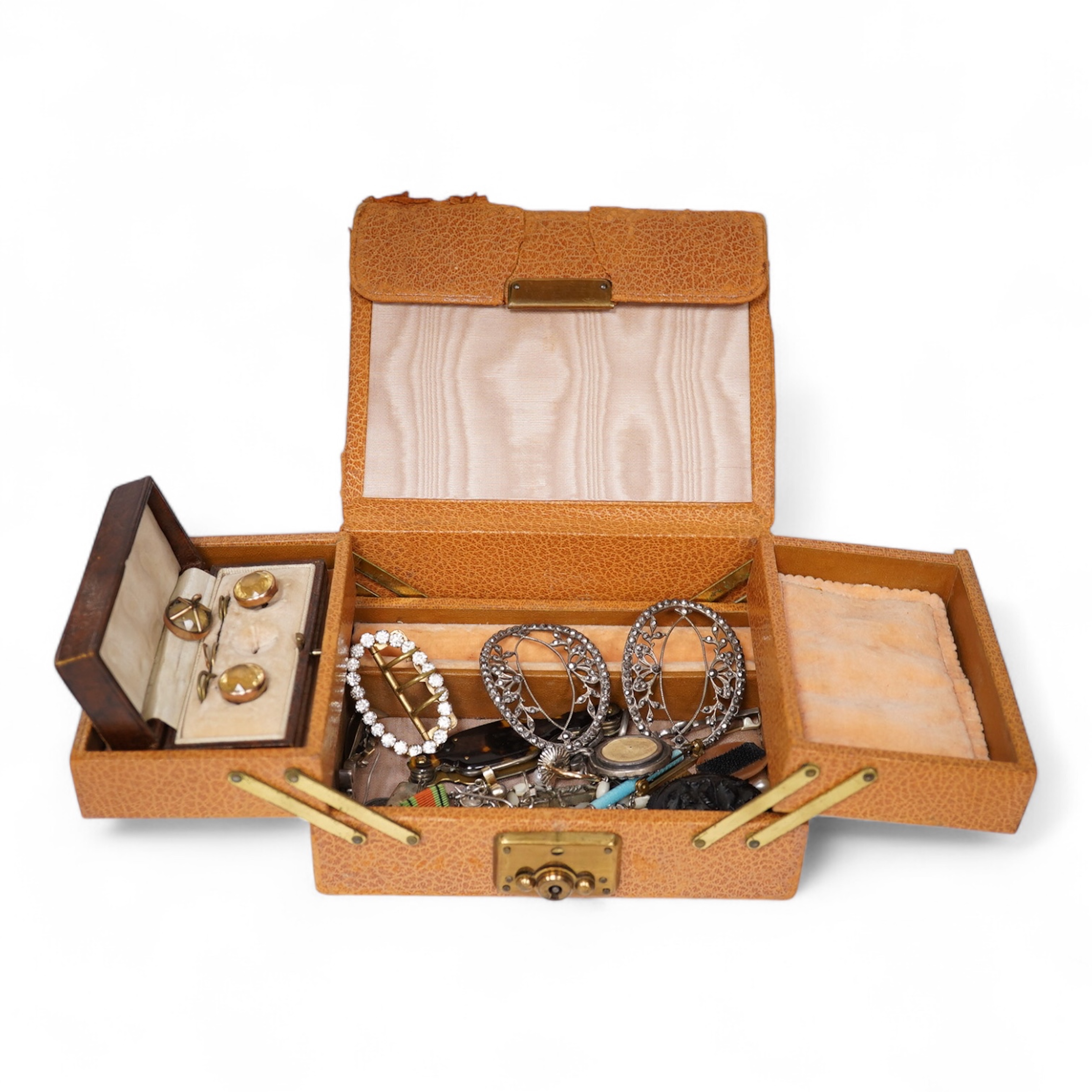 A small quantity of assorted mainly costume jewellery and other items, including a paste set buckle, two cut steel ornaments, a 10k and cultured pearl set ring, enamelled pencil, tortoiseshell lorgnettes, an Edward I Iri